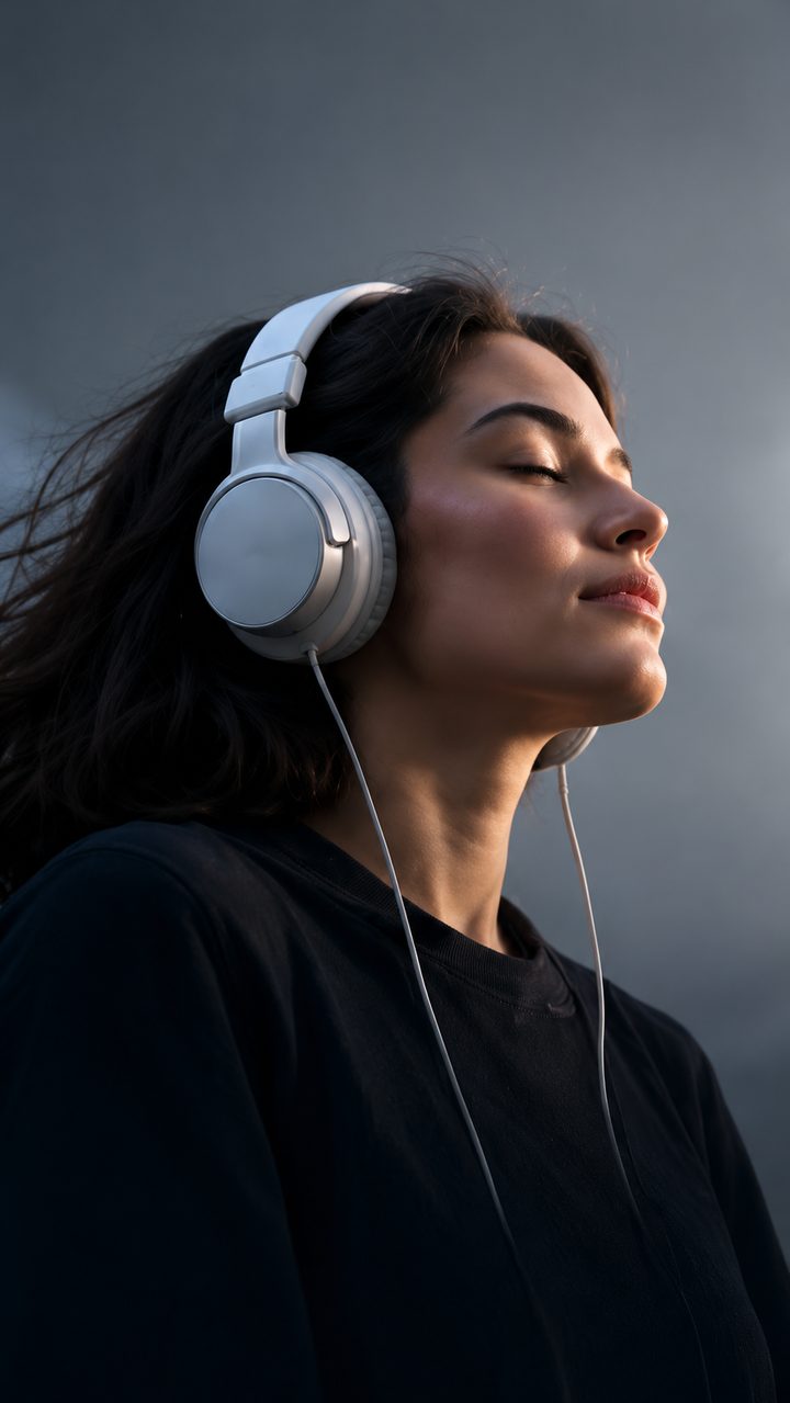 Mujer con auriculares escuchando música con los ojos cerrados