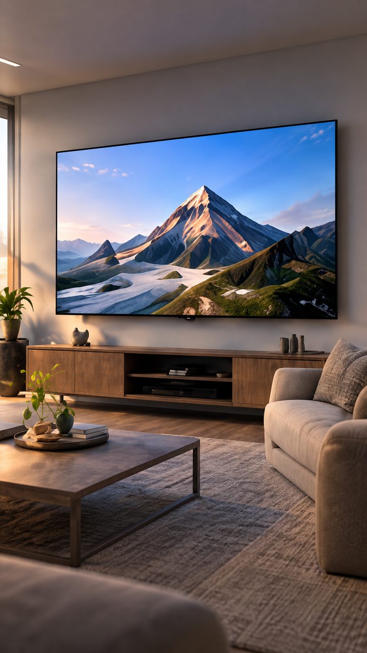 Living luminoso con un televisor que muestra una montaña