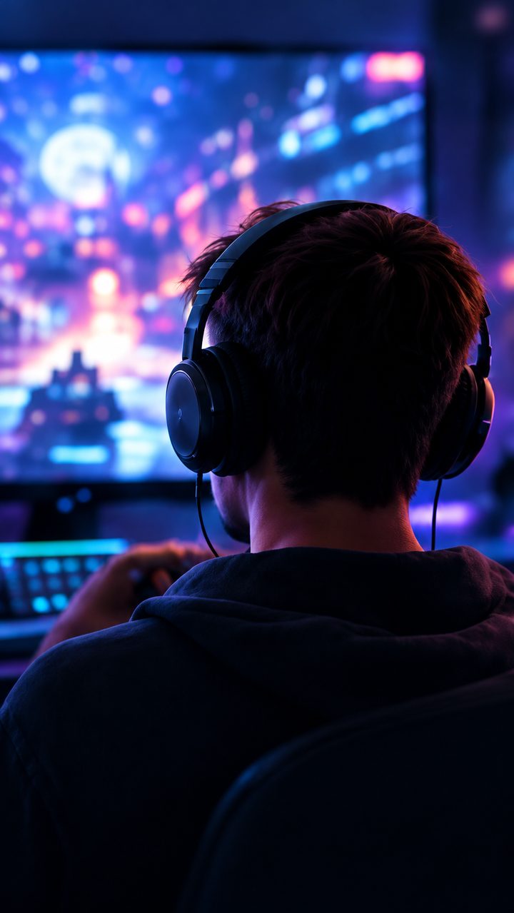 Persona con auriculares frente a una pantalla de videojuego