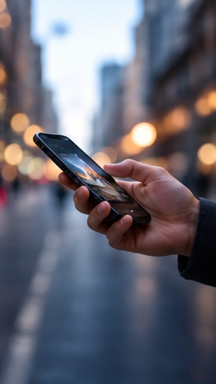 Mano usando un smartphone en una calle de la ciudad