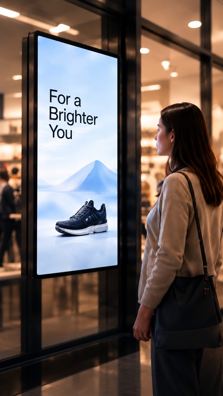 Mujer mirando una vidriera digital con un anuncio de zapatillas