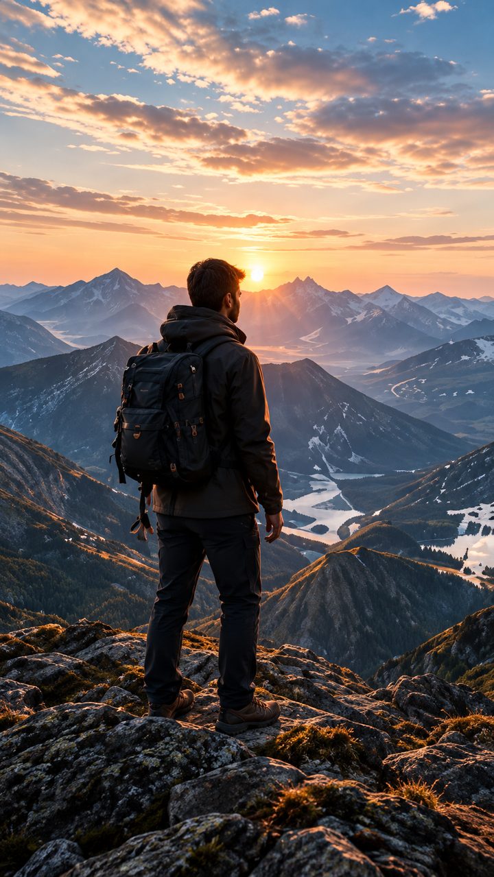 Persona con mochila mirando montañas al amanecer